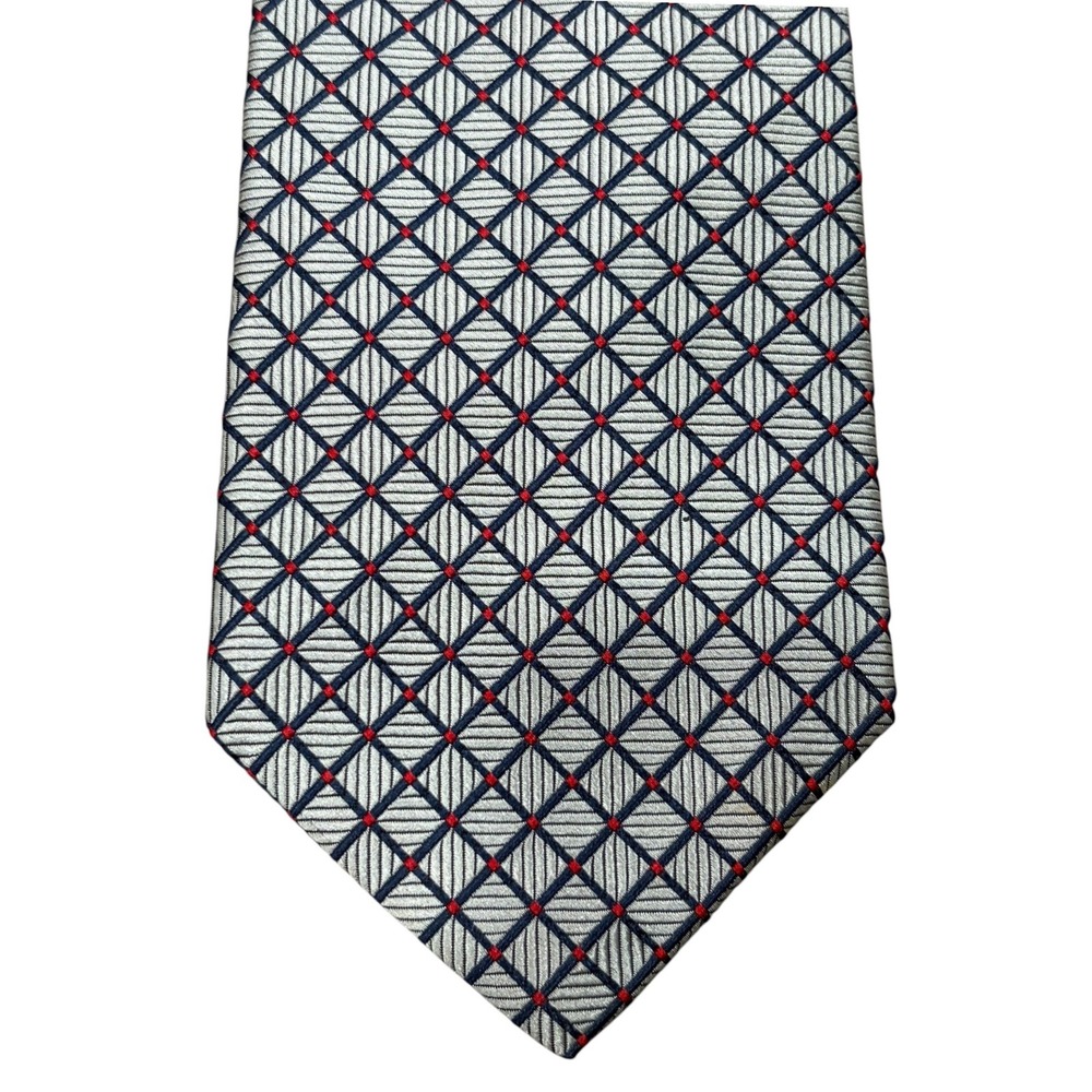 Jos A Bank Mens Silk Tie Silver Navy Blue Red Diamond Geometric Hand Sewn USA
